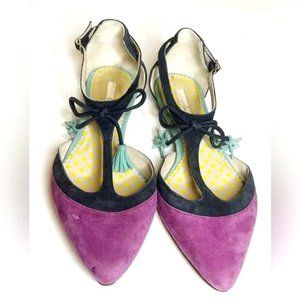 BODEN Alice Suede T-Strap Flats Purple Blue Size 7.5